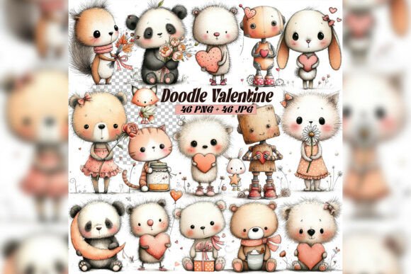 Download Whimsical Doodle Valentine Animals Clipa - Doodle valentine Collection