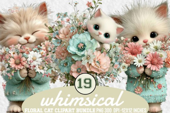 Download Whimsical Floral Cat Clipart Bundle - Floral cat clipart Collection